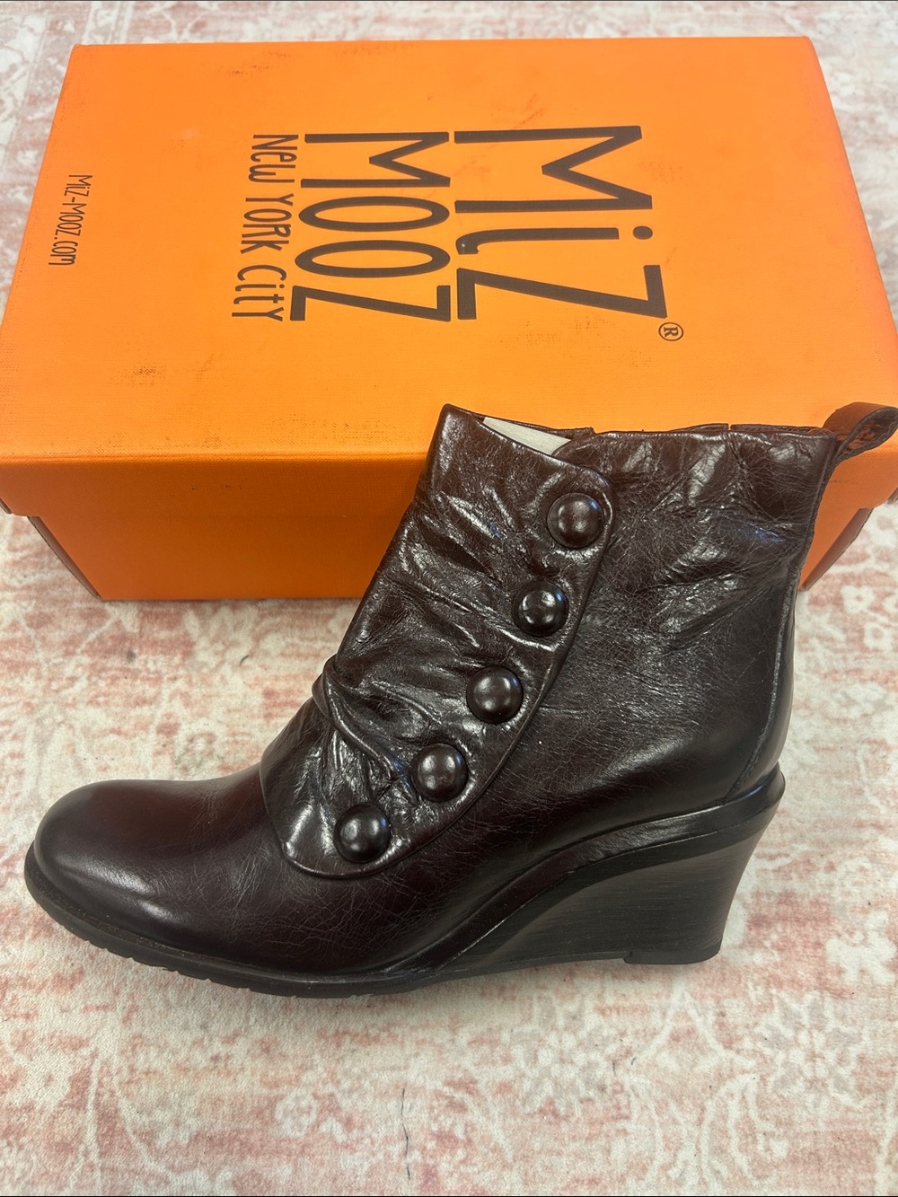 NIB Miz Mooz Mocha Leather Button-Front Wedge Ankle Boots